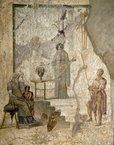 Cassandra prophecies the fall of Troy, her father Priam, her brother Paris holding the apple of Discord, and a warrior (probably Hector) - Fresco by Roman