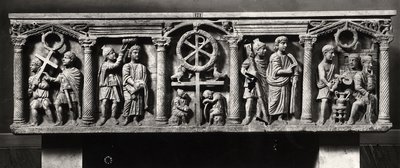Christian sarcophagus decorated with scenes of the Passion of Christ including the Arrest and Christ before Pontius Pilate, from the Catacombs of St. Domitilla by Roman