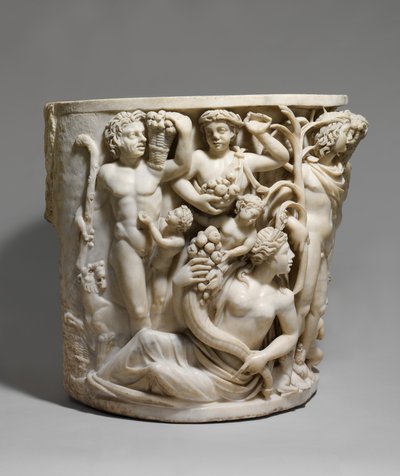 Detail of marble sarcophagus with the Triumph of Dionysos and the Seasons by Roman