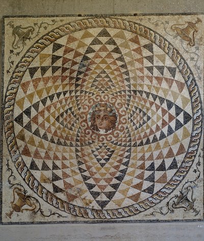 Geometric mosaic with Dionysus in centre uncovered in Roman villa in Corinth, Greece, Roman Civilization, second half 2nd-early 3rd century AD by Roman