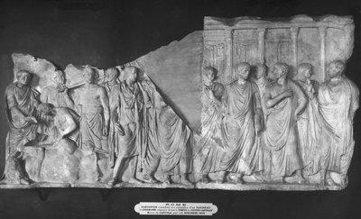 Haruspice consulting the entrails of a bull and a procession of senators outside the Temple of Jupiter by Roman
