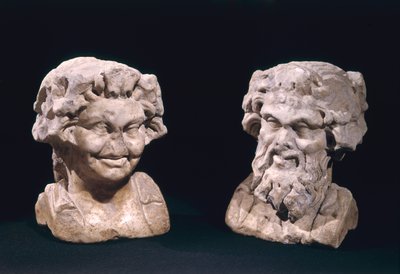 Head of Bacchus and a satyr from a hermatic pillar by Roman