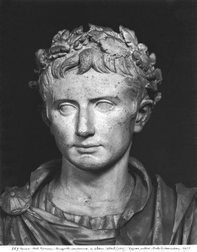 Head of Emperor Augustus (63 BC-14 AD) crowned with an oak wreath (detail) by Roman