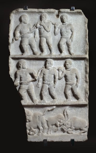 Marble relief with 3 registers: slaves in chains and animals by Roman