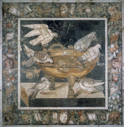 Mosaic from Pompeii with a Group of Doves on the Edge of a Labrum. 3rd Century BC by Roman
