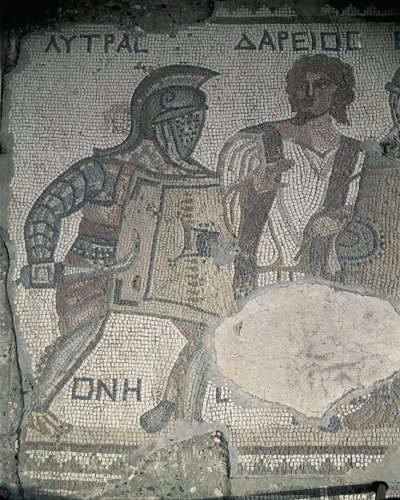 Painting of Two Gladiators on a Mosaic Wall, Kourion, Limassol, Cyprus by Roman