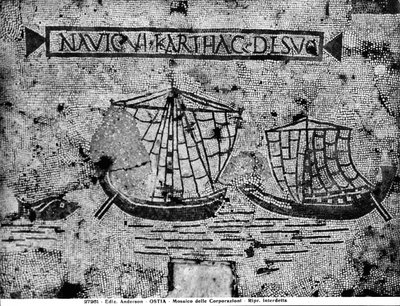 Pavement detail from the Piazzale dell Corporazioni depicting a nautical scene by Roman