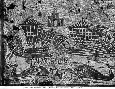 Pavement detail from the Piazzale dell Corporazioni depicting a nautical scene by Roman
