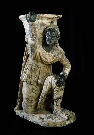 Persian servant statue kneels by Roman