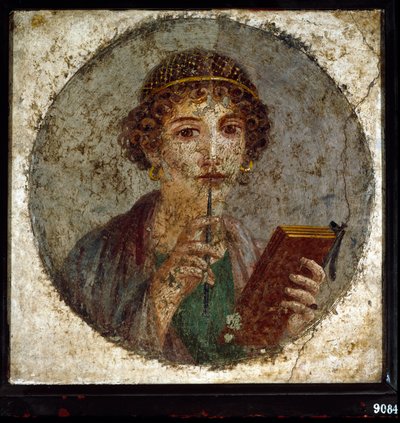 Portrait of Sappho, Greek poetess. Roman woman with book and pen, from Pompeii, Naples, Italy by Roman