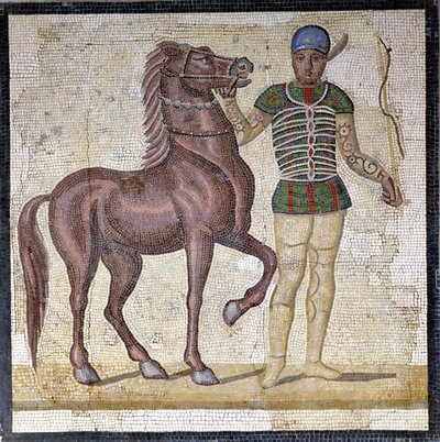 Representation of the four factions of the Roman circus: the Greens (factio prasina). The factions were clubs engaged in circus competitions in the Upper Empire and characterized by a color. Mosaic, Rome Museo nazionale Romano by Roman