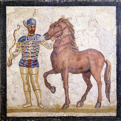 Representation of the four factions of the Roman circus: the blues (factio veneta). The factions were clubs engaged in circus competitions in the Upper Empire (1st century AD) and characterized by a color. Mosaic, Rome Museo nazionale Romano by Roman