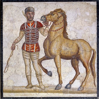 Representation of the four factions of the Roman circus: the red (factio russata). The factions were clubs engaged in circus competitions in the Upper Empire (1st century AD) and characterized by a color. Mosaic, Rome Museo nazionale Romano. by Roman