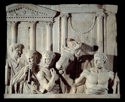 Roman Ancient Art: Fragment of an architectural relief: preparation of a sacrifice. Marble sculpture, from Rome by Roman