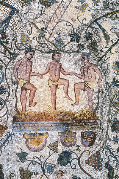 Roman Art: Harvest Mosaic. Detail representing three men crushing the grapes to obtain the must. Roman house of the amphitheatre. 3rd century AD. Merida Spain by Roman