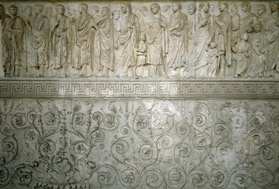 Roman Art: Imperial cortege of Emperor Augustus. Low north relief in marble of the Ara Pacis Augustae built by the Roman Emperor Augustus between 13 and 9 BC on the Champ de Mars in Rome to commemorate the peace following the wars by Roman