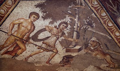 Mosaic of the seasons from the courtyard of the Constantine villa of Daphne representing two hunters (detail) by Roman