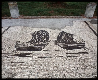 Roman Art: Ships Mosaic of the Corporation des gens de la mer, Place des Corporations by Roman