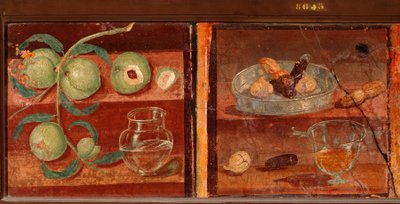 Roman Art: Still life of peaches and dried fruit. Roman fresco from Pompei. 1st century BC-1st century AD. Preserved at the National Archaeological Museum of Naples. Italy by Roman