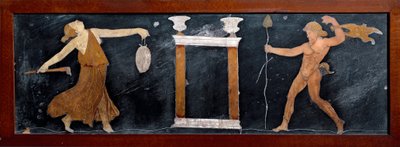 Roman Art: The dance of a maenad and a satyr near a small temple. Marquetry from Pompei. Museo Archeologico Nazionale, Naples by Roman