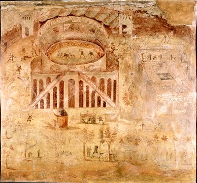Roman Art: Violent Struggle Between the Inhabitants of Nocera and the Pompeians in the Amphitheatre of Pompeii in 59 AD (Detail) by Roman