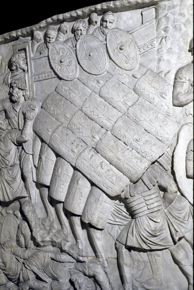 Roman Art: assault of the Romans during the First War. Mould of 1862 reproducing the bas-reliefs of the column of Trajan (Colonna Traiana) in Rome built during the reign of Emperor Trajan (53-117) by Roman