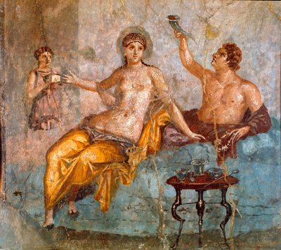 Roman Art: Banquet Scene, a Young Man and a Courtesan. Roman fresco of the 4th Pompeian style from the site of Ercolano (Herculaneum) 60-80 AD by Roman