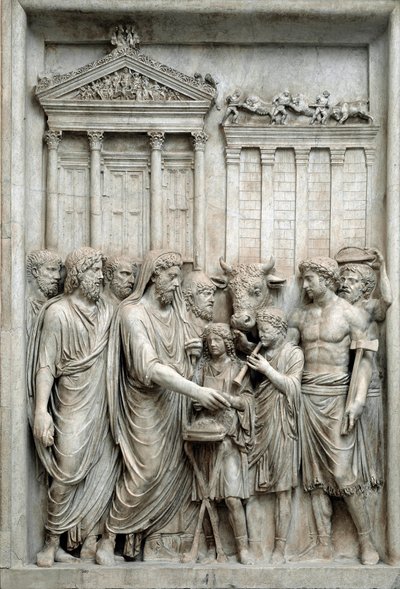 Roman Emperor Marcus Aurelius Sacrificing Before Temple of Jupiter, Rome, c.161-180 (Marble relief) by Roman