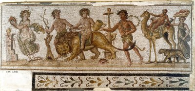 Roman antiquity: Dionysian Procession. Silene rides a camel, a maenad plays an instrument. Mosaic from El Jem (Thysdrus). 3rd century AD by Roman
