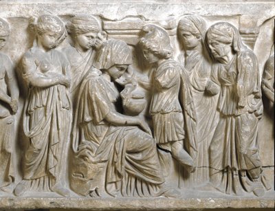 Roman antiquity: The sadness of Phedrus in love and repelled by Hippolyte. Low relief of sarcophagus called Phedrus and Hyppolite. 3rd AD by Roman