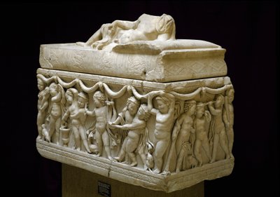 Roman Antiquity: Marble Sarcophagus with Reliefs of Children