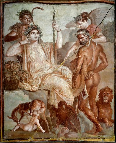 Roman art: Heracles finds his son Telephus in the mountains of Arcadia. Roman fresco from the site of Herculanum (Ercolano), 70 AD, Naples, Museo Archeologico Nazionale by Roman