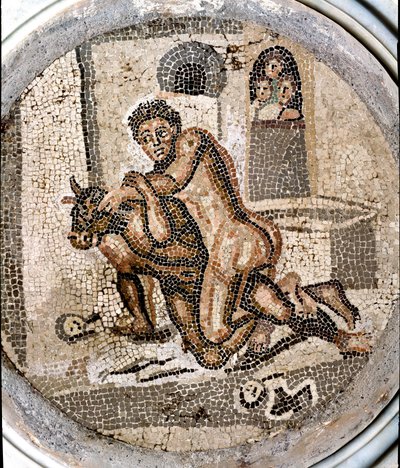 Roman art: Theseus fighting the minotaur. Mosaic from the site of Pompei. 1st to 3rd century AD. Naples, Museo Archeologico Nazionale by Roman