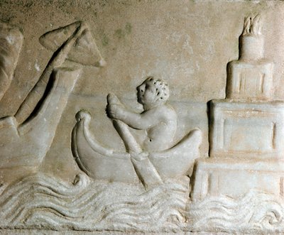 Roman art: a sailor guiding a ship in the port of Ostia, the lighthouse of the city is visible (Detail) by Roman
