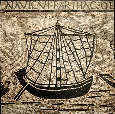 Roman art: cargo ship. Mosaic of the 3rd century AD. Ostia, Piazzale delle Corporazioni. Italy by Roman