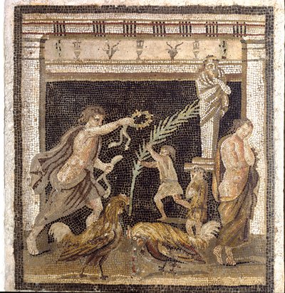 Roman art: cockfighting in a palestra in the presence of the personifications of Defeat and Victory. Mosaic from Villa du Labyrinth in Pompei by Roman