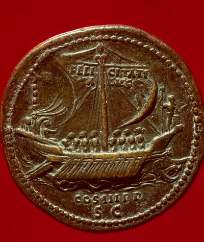 Roman art: coin of Emperor Hadrian representing an imperial galley by Roman