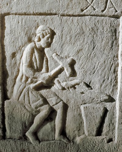 Roman Art: Detail of a Stele Depicting a Blacksmith Striking Metal on an Anvil by Roman