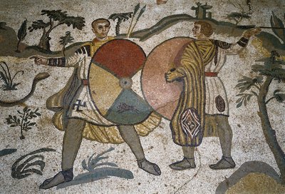 Roman art: (detail) of the mosaic The large hunting party. Hunters with large shields. 315-350 AD. Piazza Armerina, Villa Romana del Casale by Roman