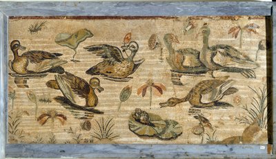 Roman art: duck, frog and water lilies in a pond. Mosaic from the villa of fauna in Pompei. Museo Archeologico Nazionale, Naples by Roman