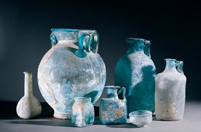 Roman art: glass vases and jugs. From Pompei. 1st century AD. Naples, Museo Archeologico Nazionale by Roman