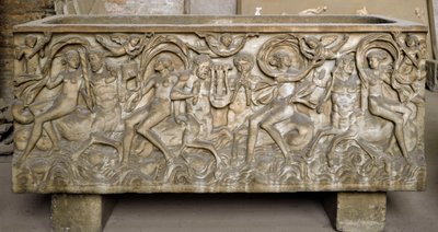 Roman Art: Sarcophagus Decorated with Low Reliefs Representing a Cortege of Maenads, Centaurs Dancing and Playing Music by Roman