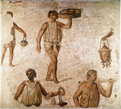 Roman art: servants at a banquet. Fragment of mosaic from Carthage, Tunisia. 180-190 AD. Paris, Louvre Museum by Roman