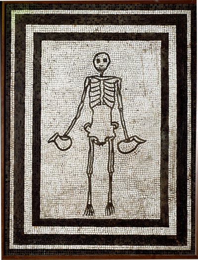 Skeleton bearing askos. Mosaic from the Vesuve region. 1st century BC by Roman