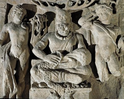 The Gallic god of Celtic origin Cernunnos (or Kernunnos) between Apollo and Mercury. From Reims. 1st century AD. Rome, Museo della Civilta Romana by Roman