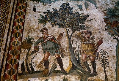 Roman art: two bird hunters placed under a tree. (detail) of mosaic of The small hunting party 315-350 AD. Piazza Armerina, Villa Romana del Casale by Roman