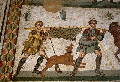 Roman Art: Two Slaves Carry a Boar (detail) by Roman