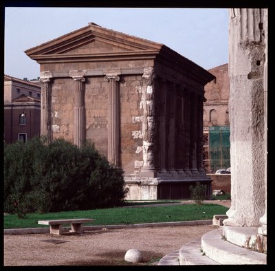Roman art: view of the ruins of the Temple of Portunus (temple of manly fortune), archeological site of the Boarium Forum, 70-80 AD, Rome, Italy by Roman