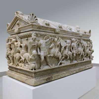 Sarcophagus Depicting a Battle between Soldiers and Amazons by Roman