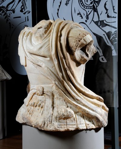Sculpted torso of a cavalryman thought to be a copy of an original bronze statue of Alexander the Great by Roman